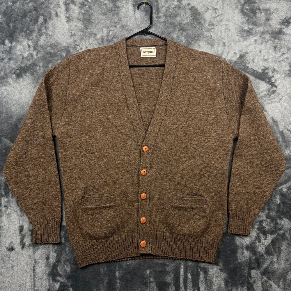 Campus Cardigan Sweater Mens 2X Brown Vintage Wool Blend Button Front USA Made